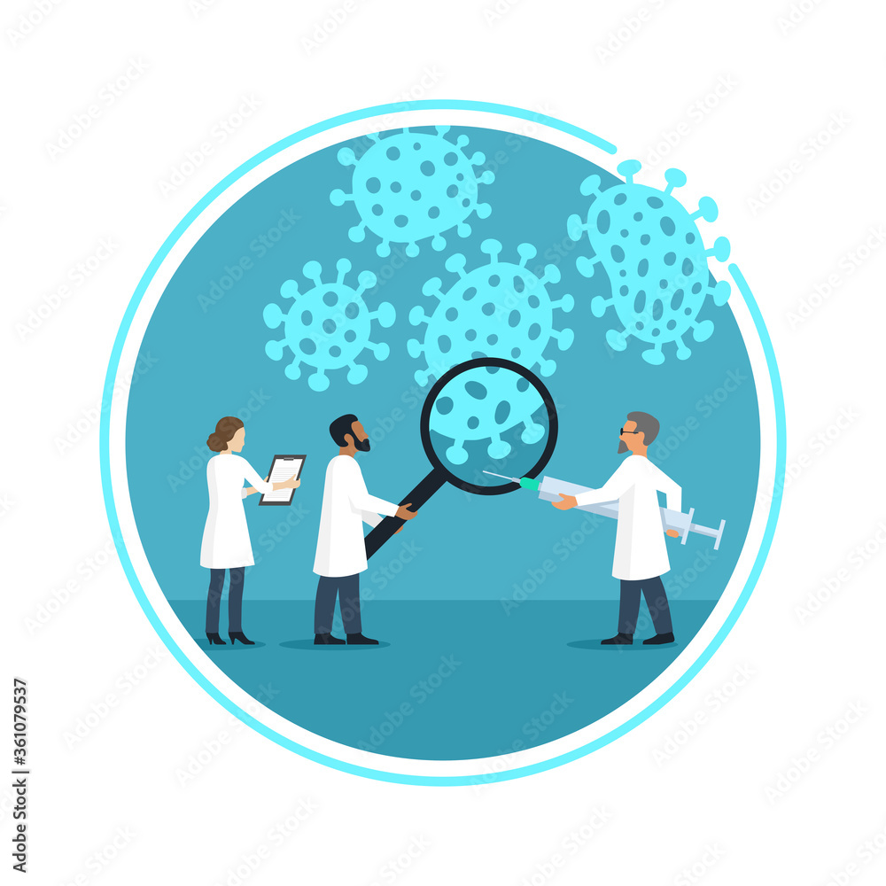 Vaccination concept - laboratory research aimed at finding a vaccine against virus - group of medical scientists trying to investigate dangerous virus bacteries - flat cartoon illustration Vaccination concept - laboratory research aimed at finding a vaccine against virus - group of medical scientists trying to investigate dangerous virus bacteries - flat cartoon illustration