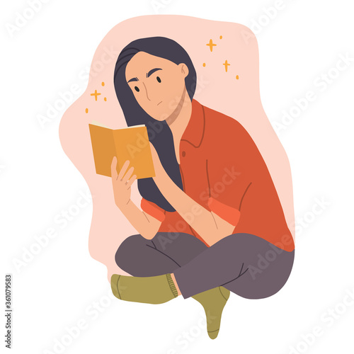 Girl who reading book sitting. Yong woman.Read more books concept.Hand drawn vector illustation.