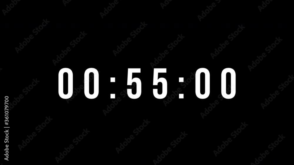 Digital countdown clock timer in one minute or 60 seconds to zero second. White text number on isolated black background. Element for overlay concept. 4K footage motion video