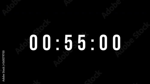 Digital countdown clock timer in one minute or 60 seconds to zero second. White text number on isolated black background. Element for overlay concept. 4K footage motion video photo