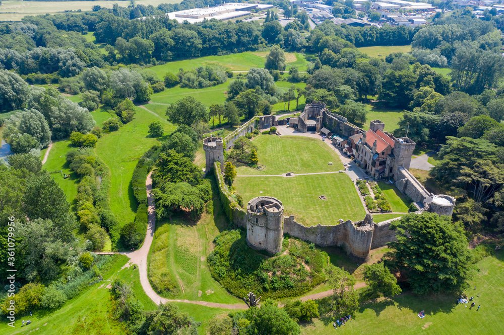 Aerial drone view of the ruins of ancient Caldicot Castle in South Wales, United Kingdom