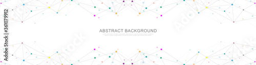 Website header or banner design with abstract geometric background and connecting dots and lines. Global network connection. Digital technology with plexus background and space for your text.