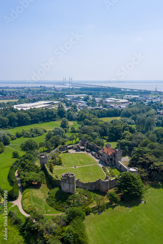 Aerial drone view of the ruins of ancient Caldicot Castle in South Wales, United Kingdom photo