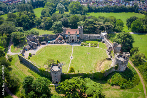 Aerial drone view of the ruins of ancient Caldicot Castle in South Wales, United Kingdom photo