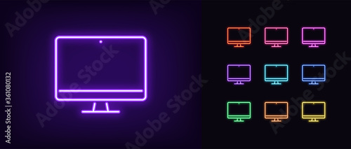 Neon monitor icon. Glowing neon computer sign, set of isolated display device