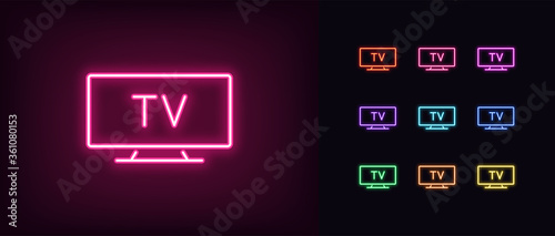 Neon tv icon. Glowing neon television sign, set of isolated widescreen tv display
