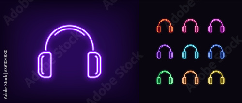 Neon headphones icon. Glowing neon earphone sign, set of isolated wireless headphones
