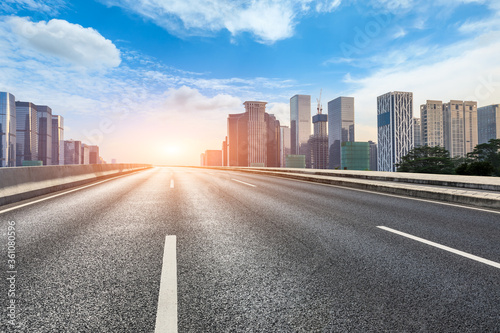 Shenzhen city skyline and buildings with asphalt road China.