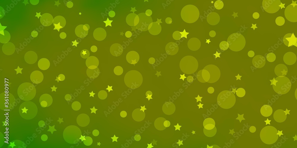 Light Green, Yellow vector texture with circles, stars. Colorful illustration with gradient dots, stars. Pattern for design of fabric, wallpapers.