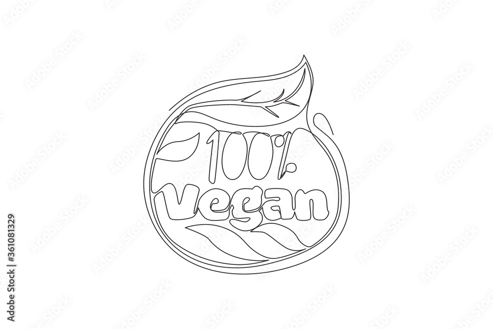 Naklejka premium Single continuous line drawing of eco natural and organic food typography quote - 100% Vegan. Calligraphic design for print, label, card, banner, poster. One line draw design vector illustration