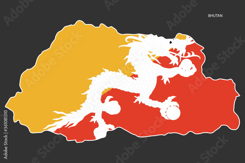 Bhutan flag map on dark grey background. Bhutan sticker outline map on barely dark background