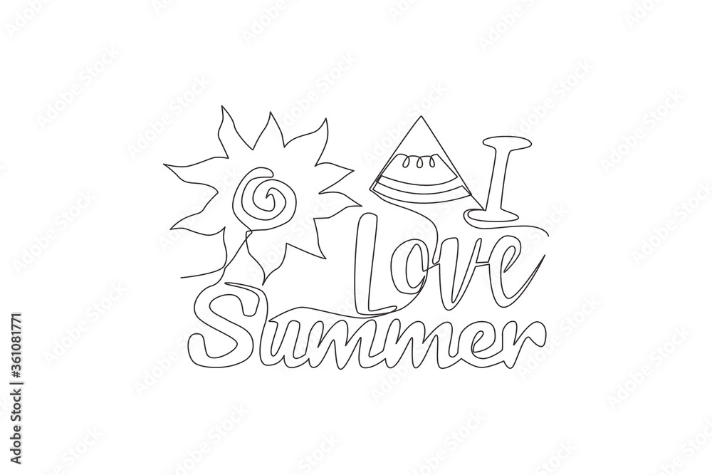 One single line drawing of cute cool travel holiday typography quote - I Love Summer. Calligraphic design for print, greet card, banner, poster. Continuous line graphic draw design vector illustration