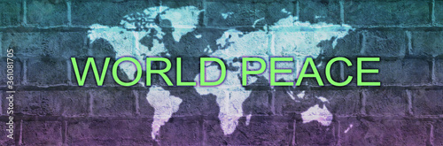 Together we can Achieve World Peace campaign banner - blue and purple graduated brick wall background with a world map and the words WORLD PEACE across the middle with copy space
