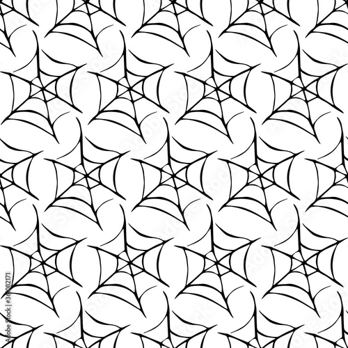 Spider web seamless pattern. Vector hand drawn illustration isolated on white background. Halloween texture