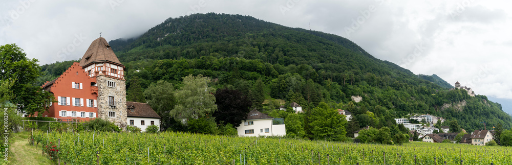 panorama view of the historic 13th-century Red House in Vaduz in Liechtenstein