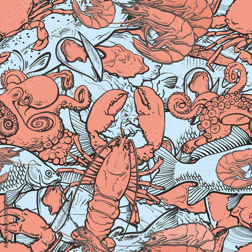 Vector illustration of seafood seamless pattern with various edible marine animals.