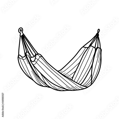 Tourist hammock for recreation. Portable hammock isolated on a white background. Vector illustration in Doodle style.Hammock for outdoor recreation.