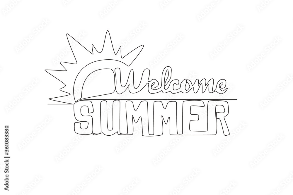 Single continuous line drawing of cute cool greeting typography quote - Welcome Summer. Calligraphic design for print, greeting card, banner, poster. One line graphic draw design vector illustration