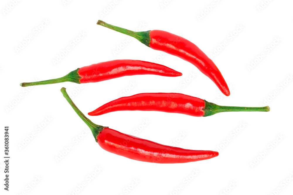 Four chili isolated on a white background.