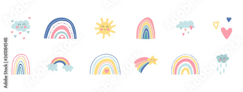 Hand drawn rainbows, sun, funny clouds, stars, hearts on white background. Baby shower. Cute kids nursery set. Lovely cartoon rainbows for wallpaper, fabric, wrapping, apparel. Vector illustration