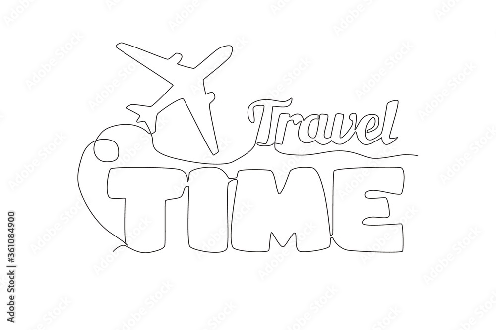 One single line drawing of lettering cute and cool holiday typography quote - Travel time. Calligraphic design for print, greeting card, banner, poster. Continuous line draw design vector illustration