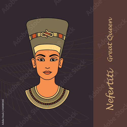 A colorful vector image of the queen of Egypt Nefertiti profile isolated on a background.