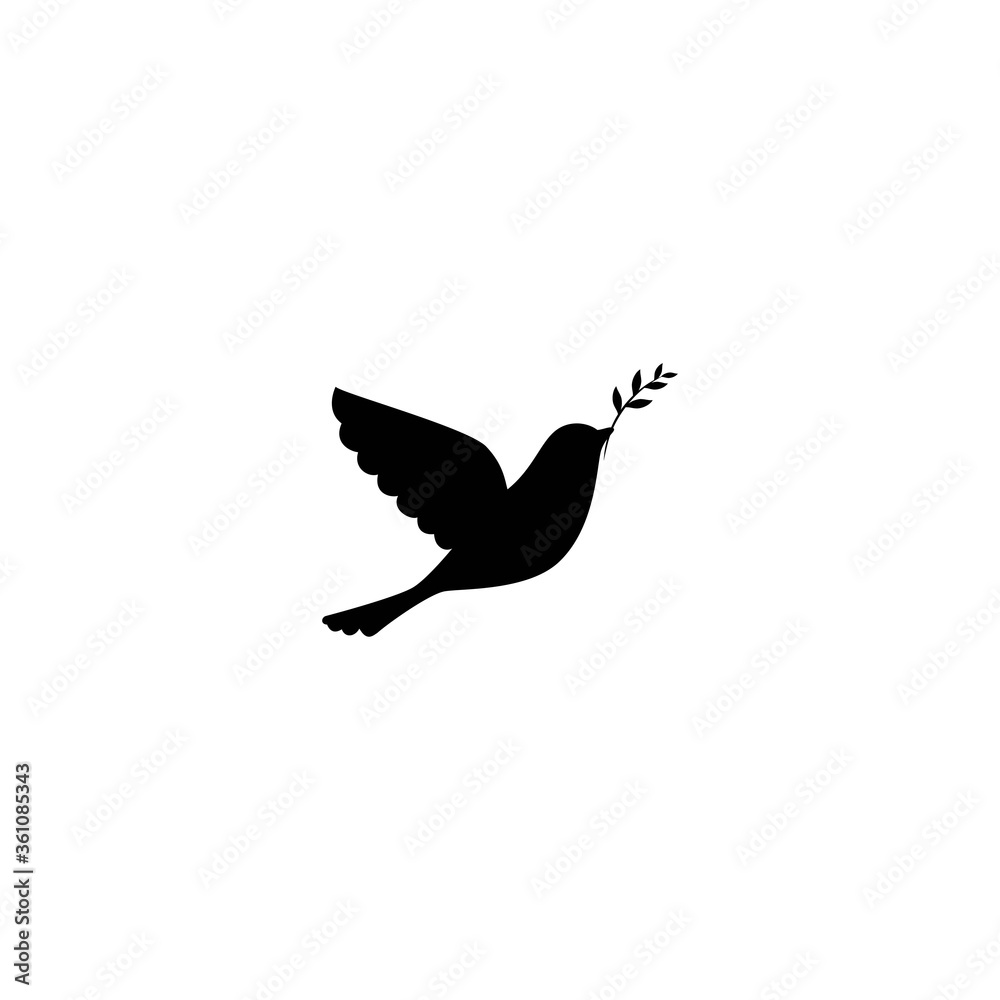 Naklejka Black dove with olive sprig Icon isolated on white. Peace vector symbol. International Peace day sign.