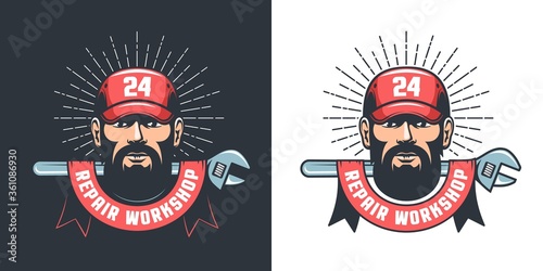 Mechanic repair service workshop retro emblem - handyman and adjustable wrench. Repairman in cap and tool. Vector illustration.