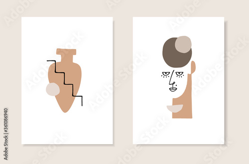 Vector set of artistic templates, invitations. Illustrations of female portrait and vase silhouette in minimal linear style. Modern cubism art with abstract shapes. Beauty and fashion concept.