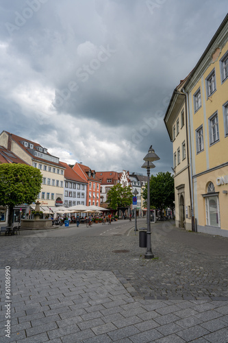 view of the Marienplatz Square in the heart of the historic old town of Ravensburg in southern Germany