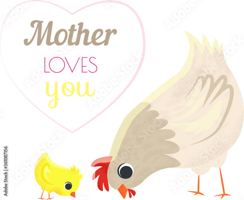 Cute bright card with texture for Mother's Day. Illustration animals isolated on a white background. Hen with a baby chicken. EPS10