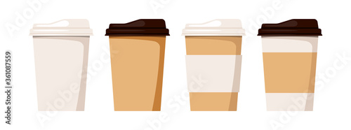 Coffee to go cup set isolated on white background. Disposable plastic and paper tableware for takeout hot drink - tea or coffee. Flat design cartoon cafe to go clipart element vector illustration.