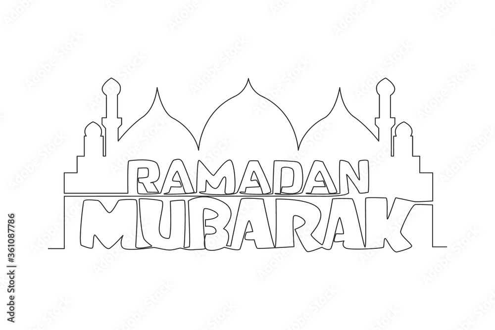 One continuous line drawing of Happy Eid Al Fitr Mubarak and Ramadan Kareem concept. Islamic holiday calligraphic design for print, greeting card, banner, poster. Single line draw design illustration