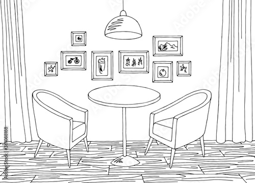 Cafe interior graphic black white sketch illustration vector