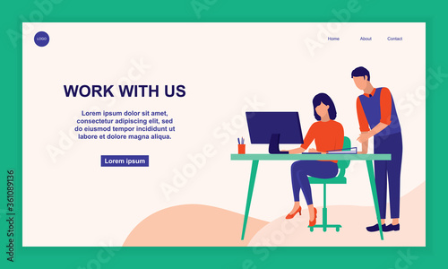 Two Office Workers Working At Office. Business And Hiring Concept. Full Length. Flat Design.