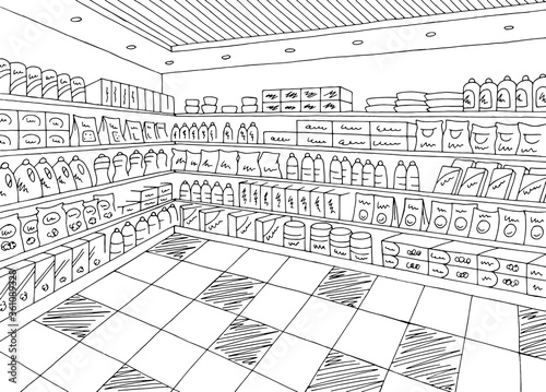Grocery store shop interior black white graphic sketch illustration vector