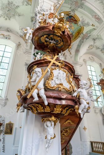 interior view of the elaborate baroque pulpit in the church of St. Georg and Jakobus in Isny in southern Germany photo