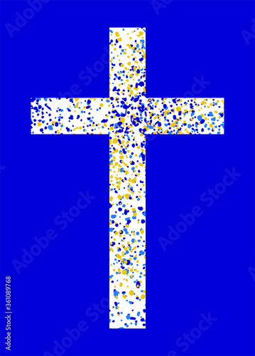 Vector illustration of crucifix with colored dots on dark background.