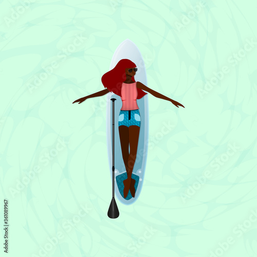 Afro American cute girl is lying on sup board next to paddle on lake or sea. Vacation at seaside resort. vector illustration.