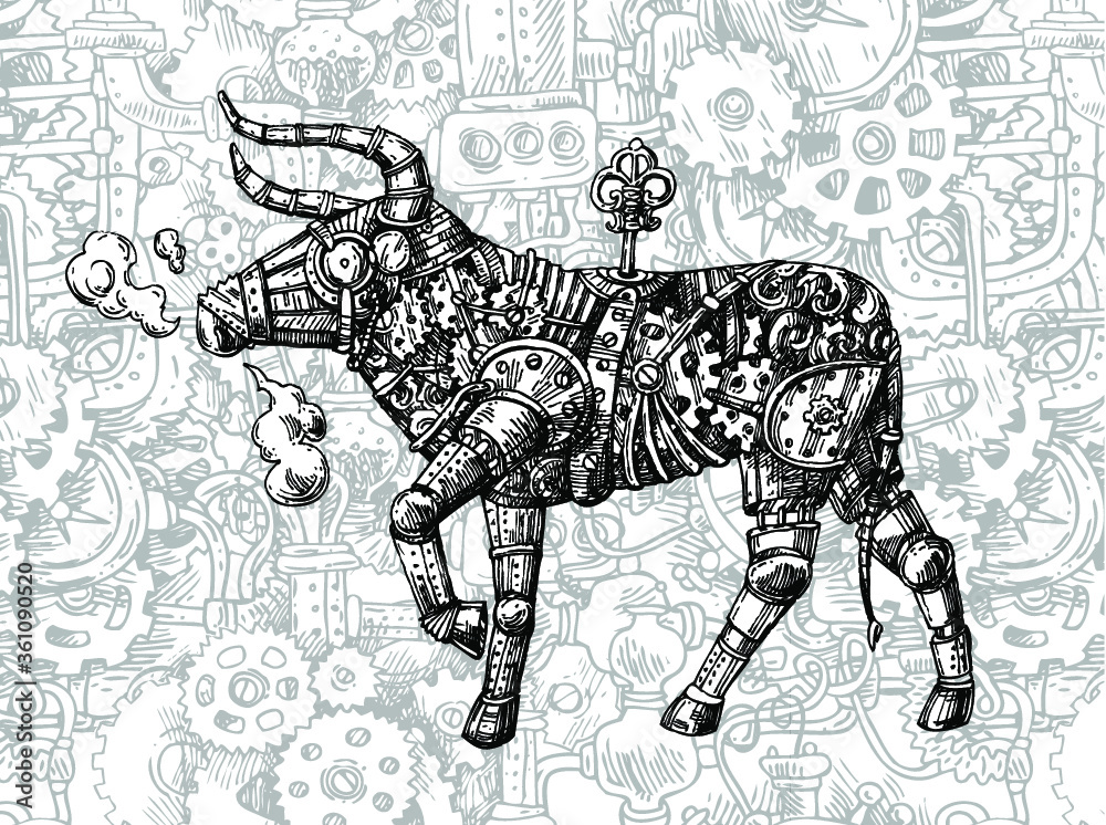 Fototapeta premium Mechanical bull. Hand drawn vector steampunk animal. Symbol of 2021 eyar. 