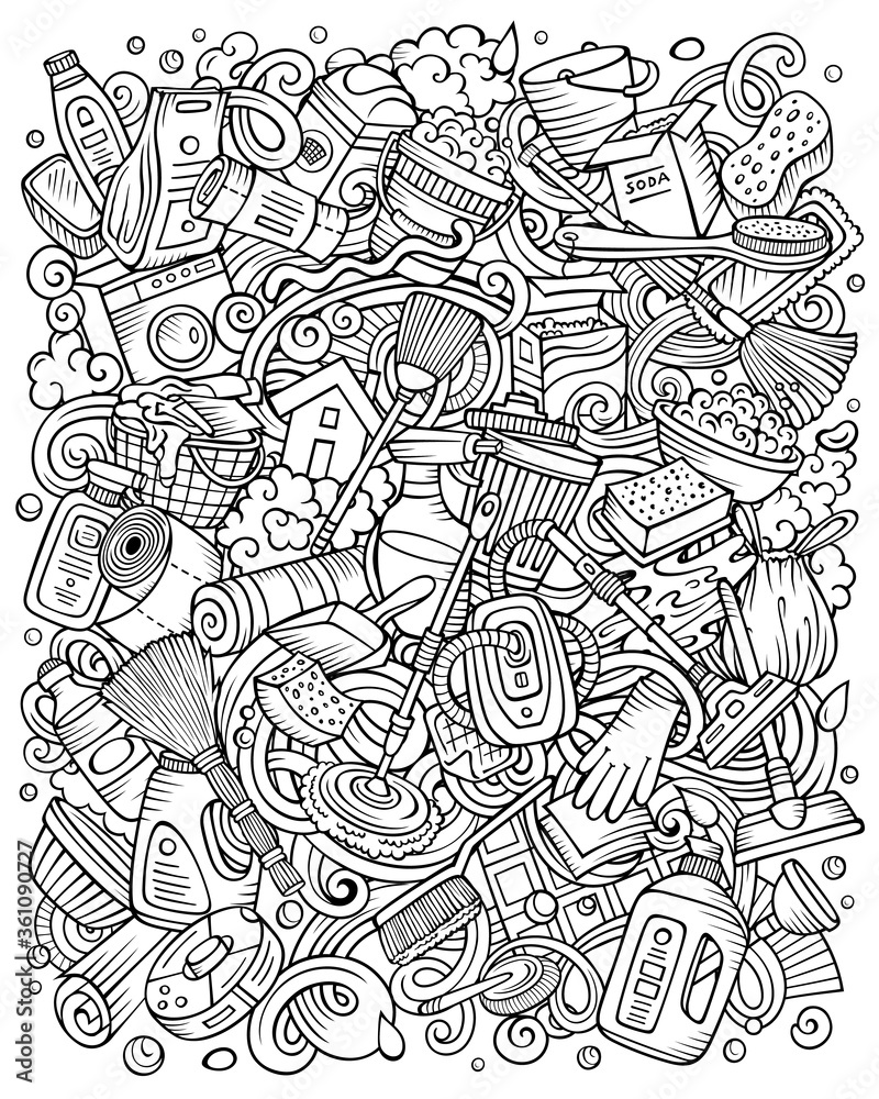 Cleaning hand drawn vector doodles funny illustration.