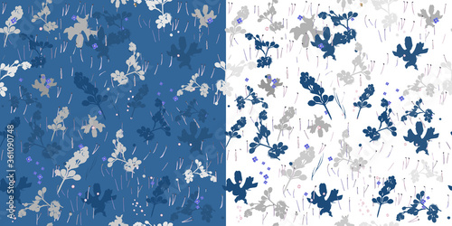 Set of abstract patterns with field plants. Seamless romantic vector with elements, on white and blue background. For textiles, bedding, fabrics, wallpapers, tiles