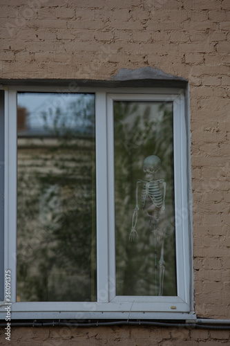 Close up day shot of a human body skeleton figure standing in the corner of a white window frame scaring the people passing by