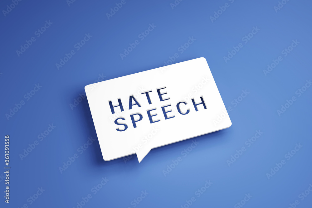 White speech bubble with text Hate Speech on blue background. 3d render. White speech bubble with text Hate Speech on blue background. 3d render.