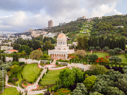 Aerial view of Bahai Garden and Bahai Temple in Haifa, Israel