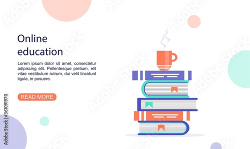 Landing page template of nline education. Online education concept. Distance learning. Electronic library. Modern vector illustration in a flat style.