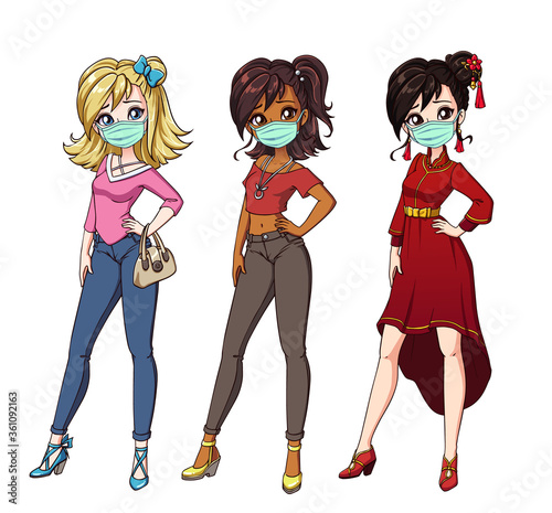 Set of three different nationality girls wearing medical mask
