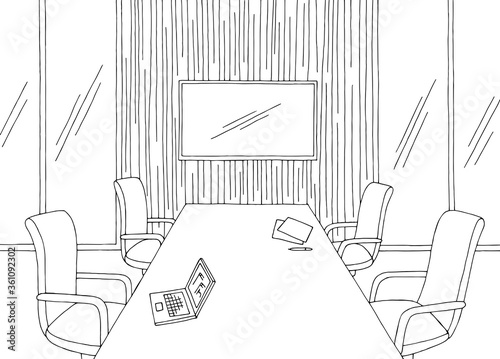 Conference room office vertical garden interior graphic black white sketch illustration vector