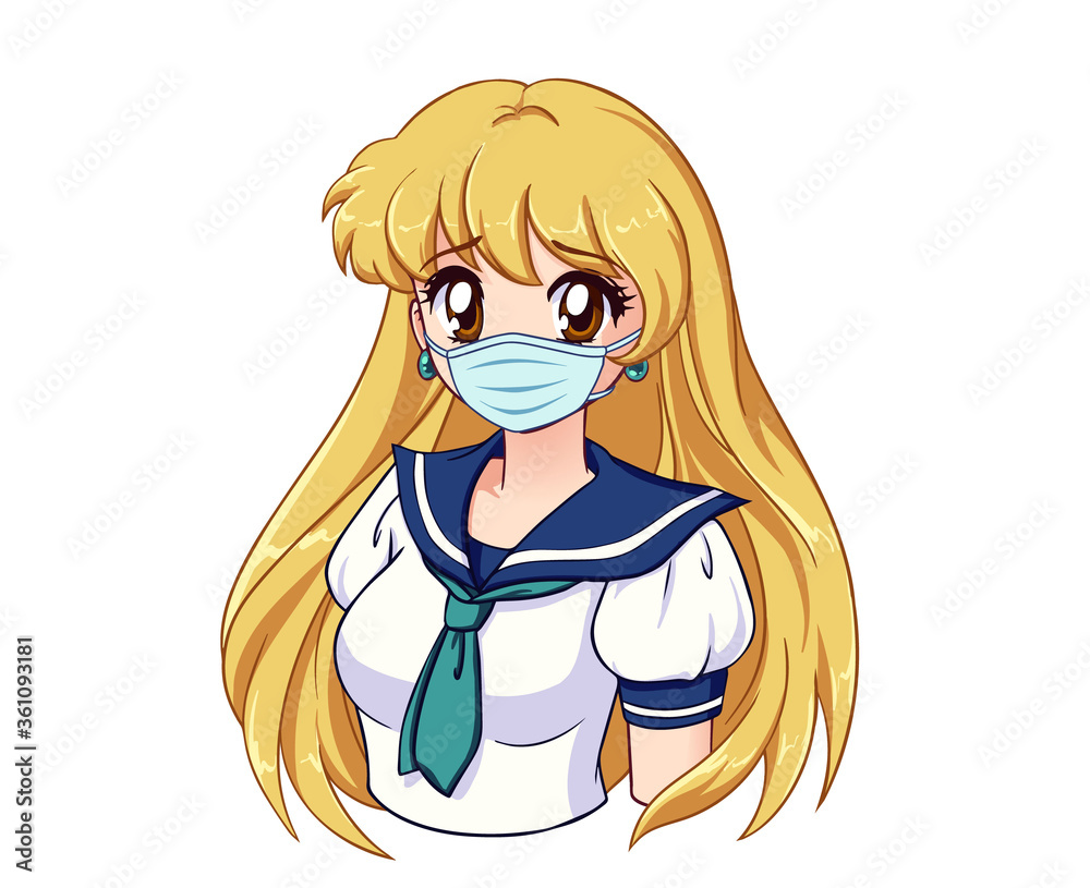 Anime portrait of cute girl with long blonde hair and wearing medical mask Anime portrait of cute girl with long blonde hair and wearing medical mask
