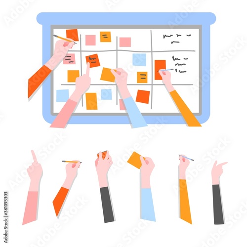 Scrum task board set with human hands holding colorful sticky papers and markers and board for agile teamwork